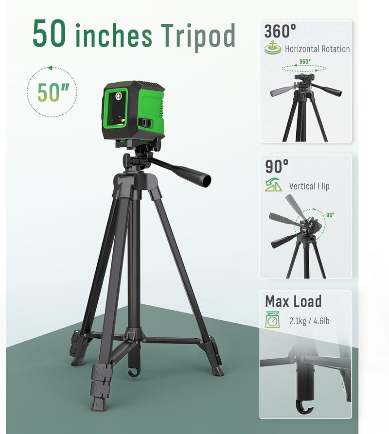 Lusweimi Laser Level with 50” Tripod, 360° Self Leveling Cross Line Laser Level, Green Beam Horizontal and Vertical Line leveler Tool for Hanging Pictures, Home Renovation with 4 AA Batteries & Carry Pouch - Image 4